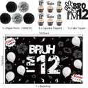 Holkcog 12th Birthday Party Decorations, Happy 12th Bday Bruh Banner Bankground, Black Number 12 Foil Ballons & Cupcake Topper, Hanging Swirls, Black Happy 12 Years Old Party Supplies