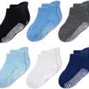 CozyWay Baby & Toddler Socks with Grippers Non Slip Ankle Grip Socks For Boys and Girls - Comfy Soft Cotton - 6 Pack (3-5T, Blue White Black)