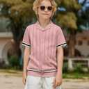 Arshiner Boys Knit Shirts Short Sleeve Button Down Shirt Vintage Fashion Casual Summer Beach Shirts for Kids 4-13 Years (Pink, XS)