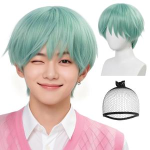 BESTBEL+Hair Cap Short Mint Green Wig for Men Short Cyan Wig for Male Shorts Green Wigs Green Anime KP Stage Outfits for Men Halloween Party Cosplay