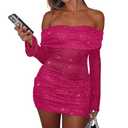 Sexy Off Shoulder Mesh Sheer Y2k Mini Dress for Women Bodycon Ruched FlaRose Sleeve Club Night Going Out Birthday Party Dresses Rose, XS