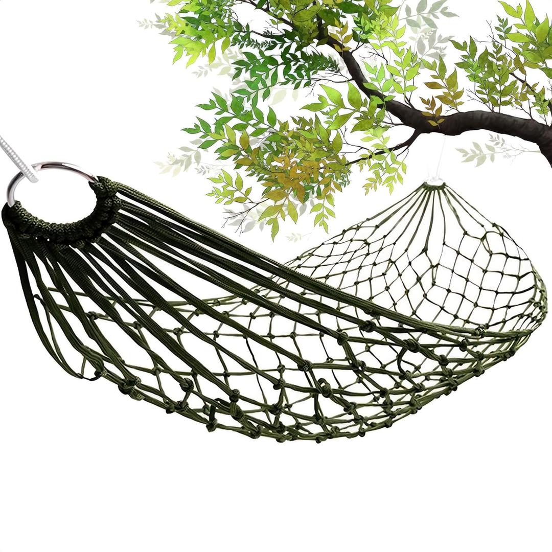 Mesh Hammock - Easy to Set Up Rope Hammocks for Outside, Dark Green Color, 90x31.5 Nylon Net Hammock, Max 100 KG (220 Pounds), Tree Hammocks for Outside, Camping & Patio Relaxation