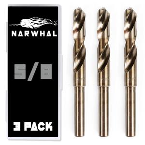 Narwhal 5/8" Drill Bits for Metal (M35 Cobalt - 3 Pack) 6 Inch Length & 135 Degree Split Point for Drilling Into Metal, Hardened & Stainless Steel, Cast Iron, & More!