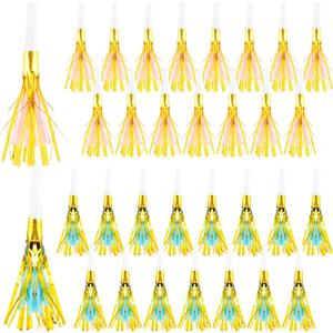 36 Pieces Glitter Metallic Fringed Noisemakers Musical Party Blowers Blowouts Whistle Party Blow Horns for New Years Birthday Party Supplies Sporting Event Celebrations (Pink, Blue)