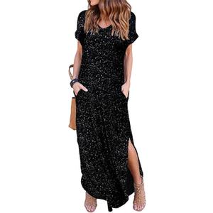 HUSKARY Women's Summer Maxi Dress Casual Loose Pockets Long Dress Short Sleeve Split Maxi Dresses (Large, Foil Silver)