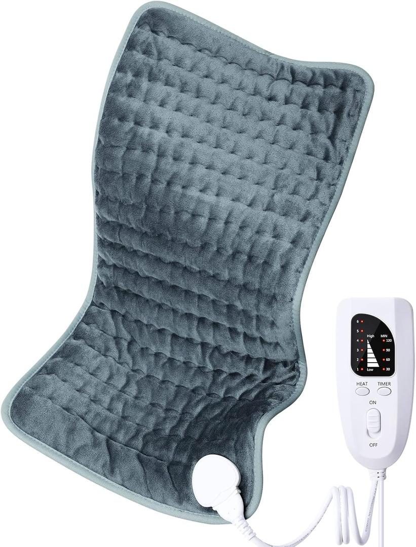 Electric Heating pad for Back/Shoulder/Neck/Knee/Leg Pain Relief, 6 Fast Heating Settings, Auto-Off, Machine Washable, Moist Dry Heat Options, Extra Large 12"x24"(Gray)