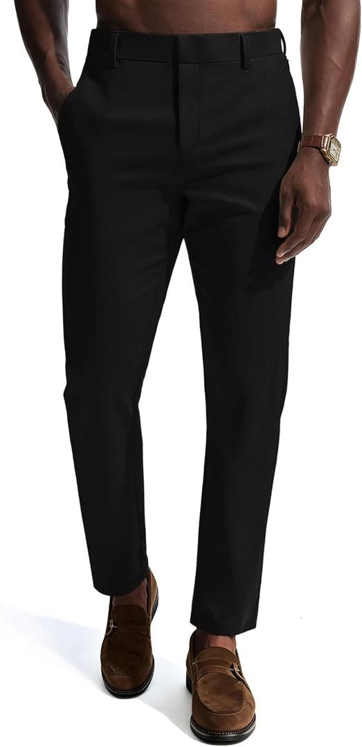 PJ PAUL JONES Mens Dress Pants 4-Way Stretch Tapered Trousers Extended Waist Dress Pant Casual Golf Pants, Large