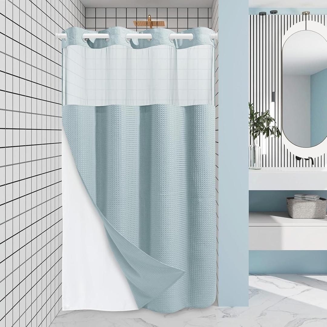 EUTXL Fog Blue Stall No Hook Shower Curtain with Snap in Liner,230GSM Waffle Weave Shower Curtains for Bathroom,54W x 80H