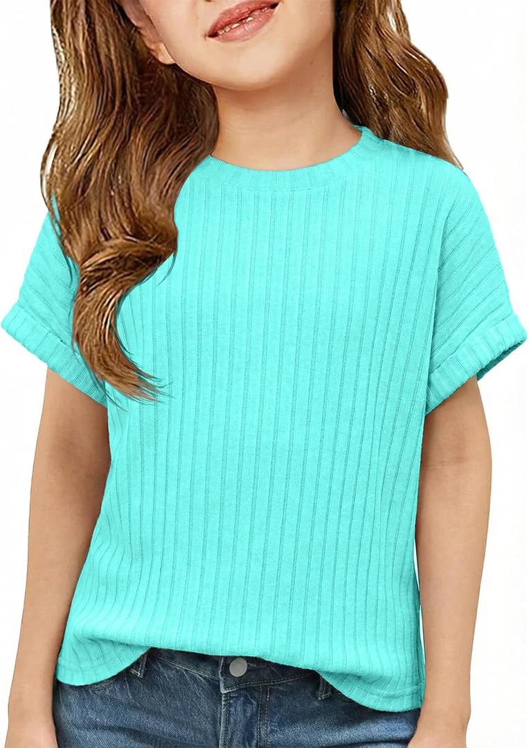 ZDC Girls Short Sleeve T Shirts Kids Summer Textured Tops Crewneck Casual Tee 5-14 Years (Green)