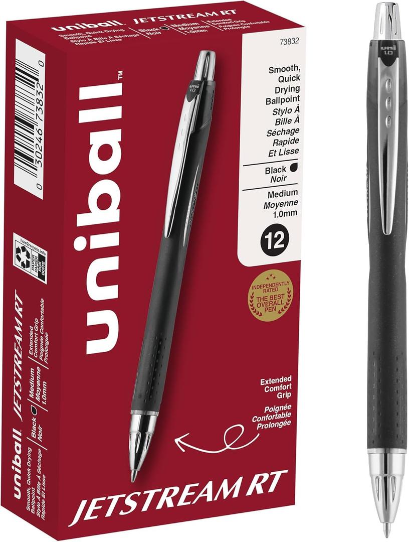 uni-ball Jetstream RT Retractable Ballpoint Pens Medium Point, 1mm, Black, 12 Pack