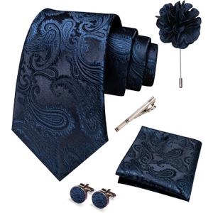 Mens Paisley Tie and Pocket Square,Lapel Pin,Cufflinks,Tie Clip Sets with Gift Box 5PCS (Navy Blue)