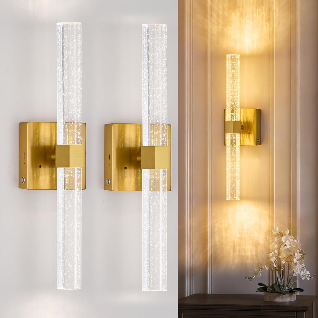 Battery Operated Wall Sconce Set of 2, Wireless Rechargeable Wall Lights with Remote Control, 10000mAh Not Hardwired Dimmable Timer 3 Color Temperature Wall Lamp for Living Room Bedroom Gold 18.5 Inch
