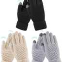 Womens Touch Screen Gloves Winter Warm Knit Fleece Lined Gloves Elastic Cuff Texting Mittens Gifts (A-3 Pairs(beige/Light Grey/Black))