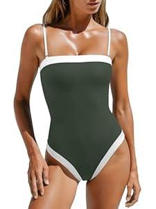 LASLULU Womens Spaghetti Straps 1 Piece Swimsuits Tummy Control Swimming Suits Slimming Modest Square Neck Bathing Suits Beach Outfits Swimwear (Forest Green Small)