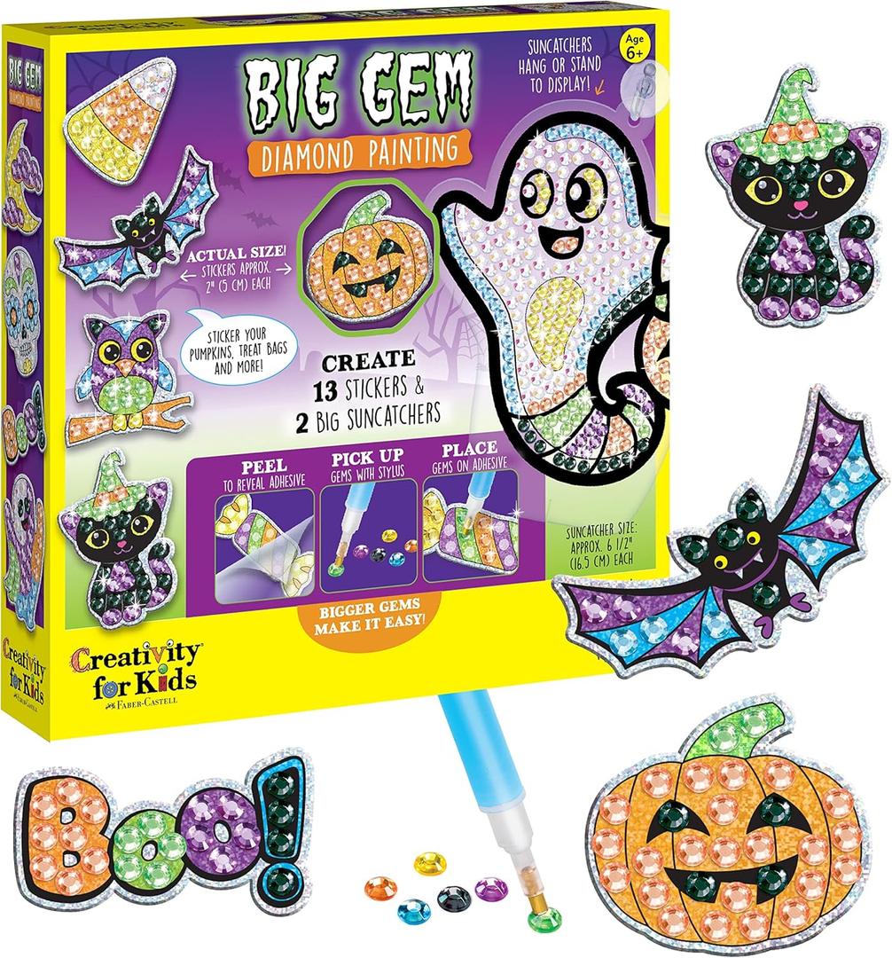 Creativity for Kids Halloween Big Gem Diamond Painting Kit | Create 13 Spooky Stickers & 2 Suncatchers with 1000+ Colorful Gems | Fun for Parties, Gifts & Seasonal Dcor (Ages 6+)