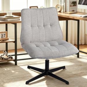 Criss Cross Chair No Wheels Legged Office Wide Comfy Desk Vanity Chair, Armless Computer Task Seating, Swivel Home Height Adjustable for Bedroom, Study,Grey Fabric