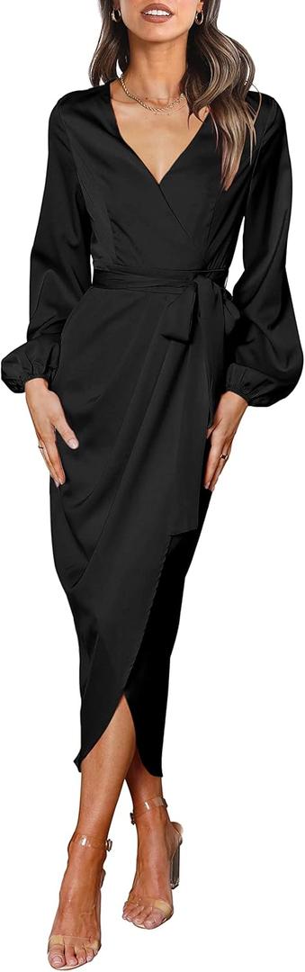 Amoretu Womens Lantern Sleeve Satin Silk Dresses V Neck Wedding Dress, Size XL