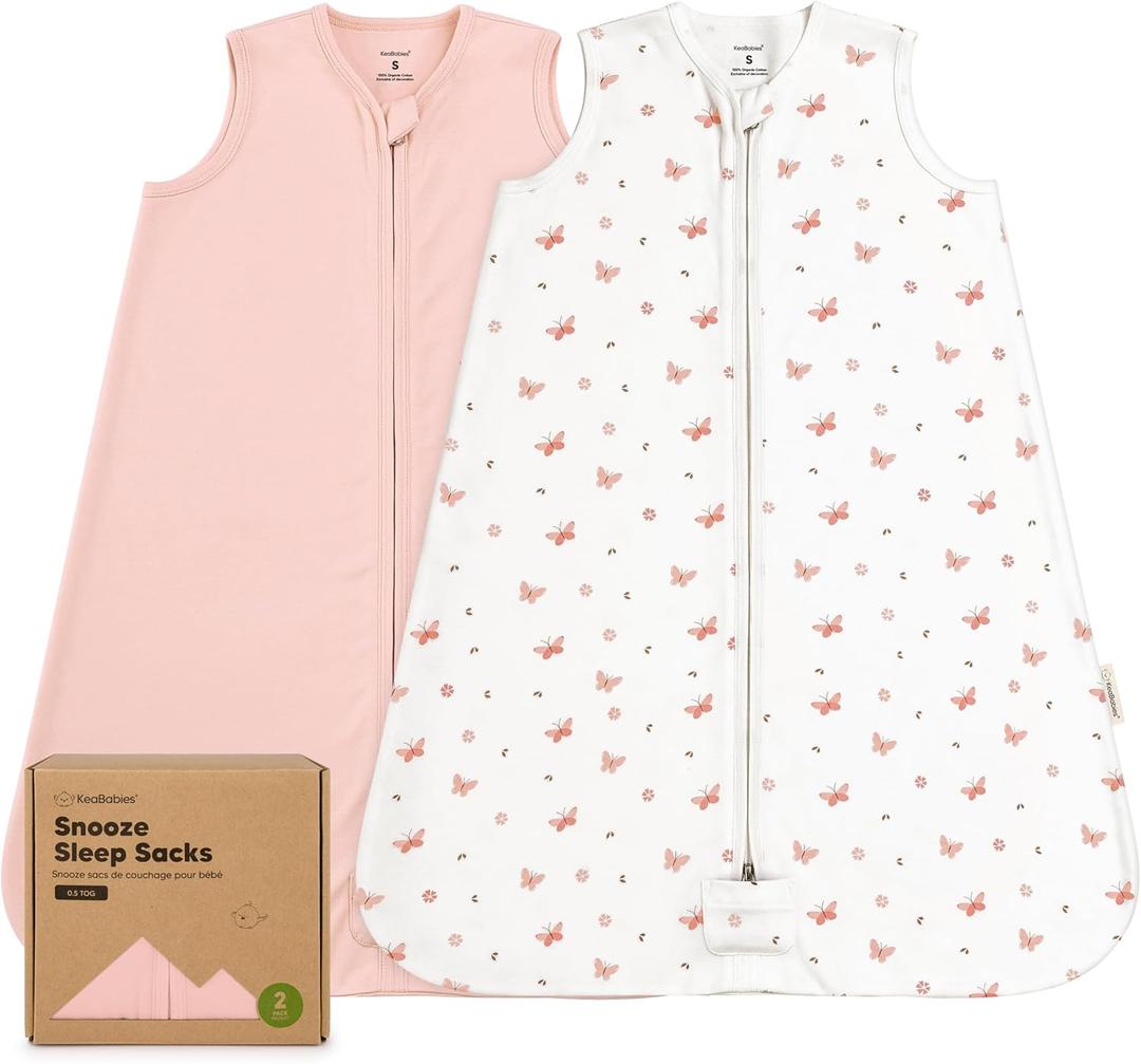 2-Pack Baby Sleep Sacks, Zipper Wearable Blanket-0.5TOG Organic Cotton,Lightweight,Soft Cozy Infant Sleeping Sack 3-6 months,Easy to Wear Small Newborn Transition Swaddles Sleepsacks(Butterflies, S)