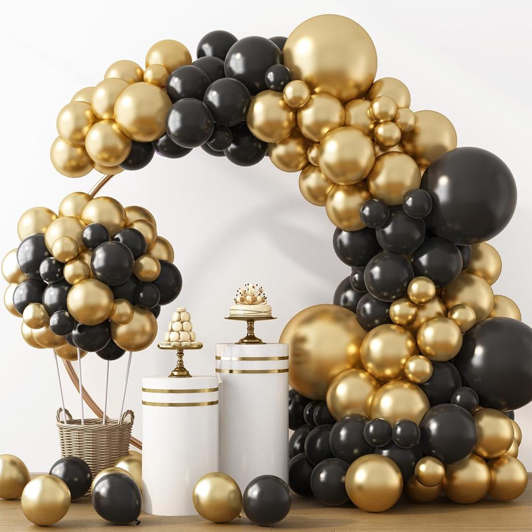RUBFAC Black and Gold Balloons 129pcs Different Sizes Pack of 18 12 10 5 Inch, Latex Balloon Garland Arch Kit for Party Graduation Wedding Holiday Happy Birthday Decoration