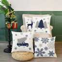 7 x CaliTime Christmas Throw Pillow Covers Decorative 18 X 18 Inches Set of 4 Cozy Fleece Trees Deers Car Snowflakes Cushion Cases for Couch Sofa Bed Living Room Farmhouse Navy Blue