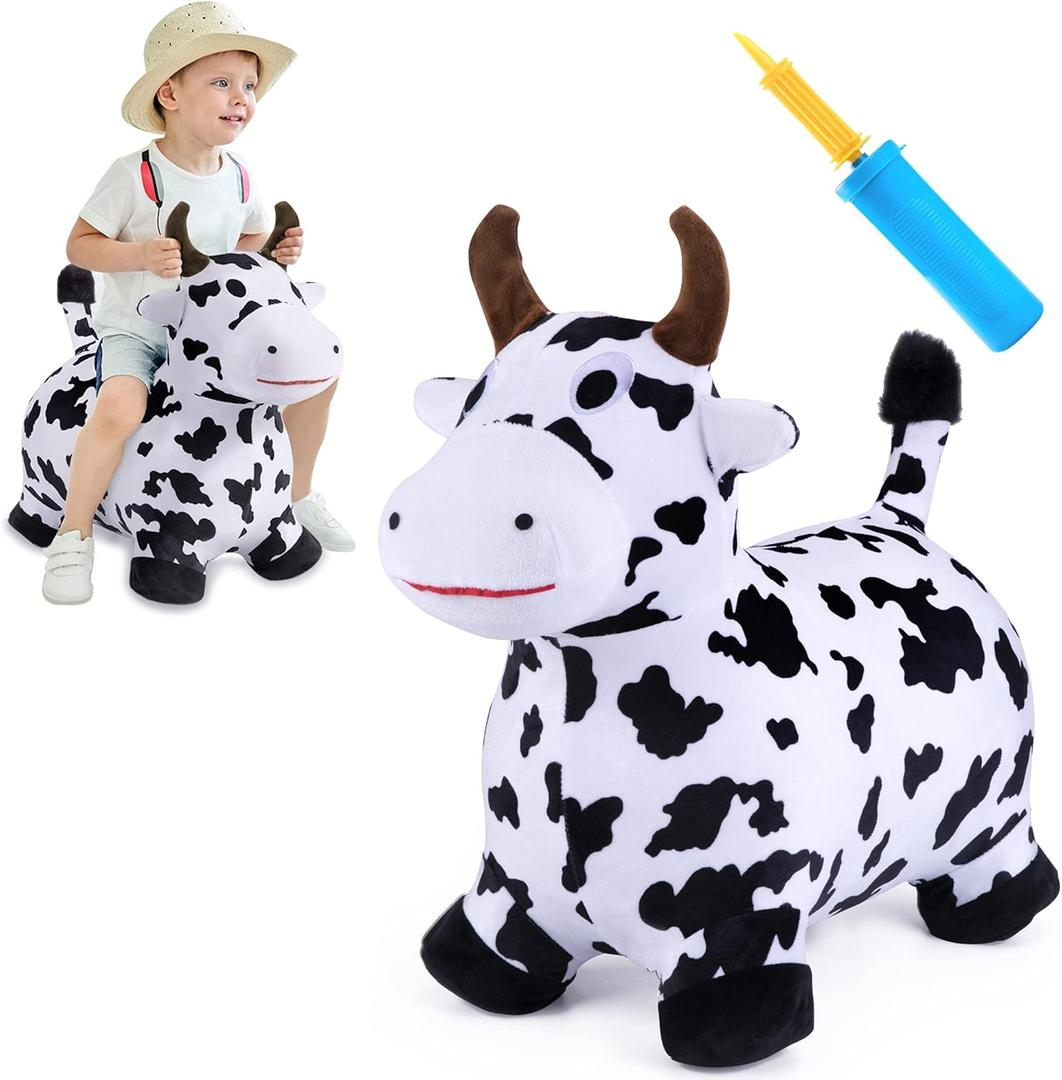 iPlay, iLearn Bouncy Pals Hopping Cow Horse, Toddler Girl Boy Inflatable Bouncing Animal Hopper Toy, Outdoor Indoor Plush Ride on Bouncer, Baby Birthday Gift 18 Month 2 3 4 Year Old Kid - Cow