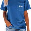 NIUBIA Women's Letter Print Basic Crew Neck Tee Summer Short Sleeve T-Shirt with Pockets Loose Fitting Tops (Large, Blue)