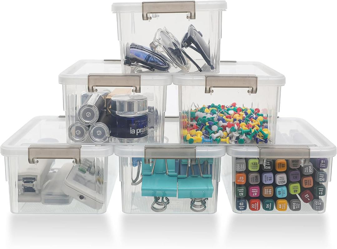 Citylife 1.3 QT 6 Pack Small Storage Bins Plastic Storage Container Stackable Box with Lids for Organizing, Clear White
