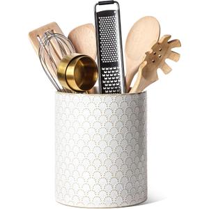 LE TAUCI Utensil Holder, 7.1" Ceramic Kitchen Utensil Holder for Counter top, Embossed Cooking Utensil Organizer for Spatula & Spoon, Kitchen Decor, Set of 1, Arctic White,Fireworks
