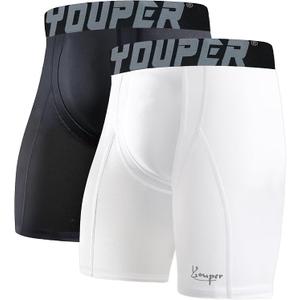 Youper 2-Pack Adult Compression Shorts w/Cup Pocket, Men's Athletic Supporter for Baseball & Football M