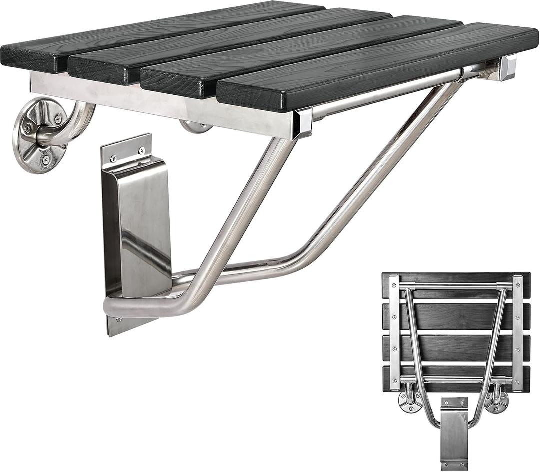 Folding Shower Seat and Bench Wall Mounted, Shower Chair Foldable, Shower Stool Collapsible for Inside Shower Bathroom Bathtub Small Space, 350lb Capacity (Plastic Wood Black)