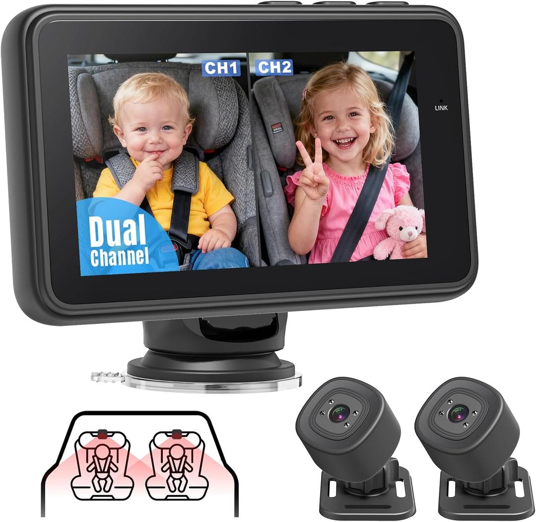 Baby Car Camera for 2 Kids - 4.3" Dual Channel Car Baby Monitor with Split Screen,Night Vision, Wide View, Easy Install Rear Facing Backseat Camera for Baby