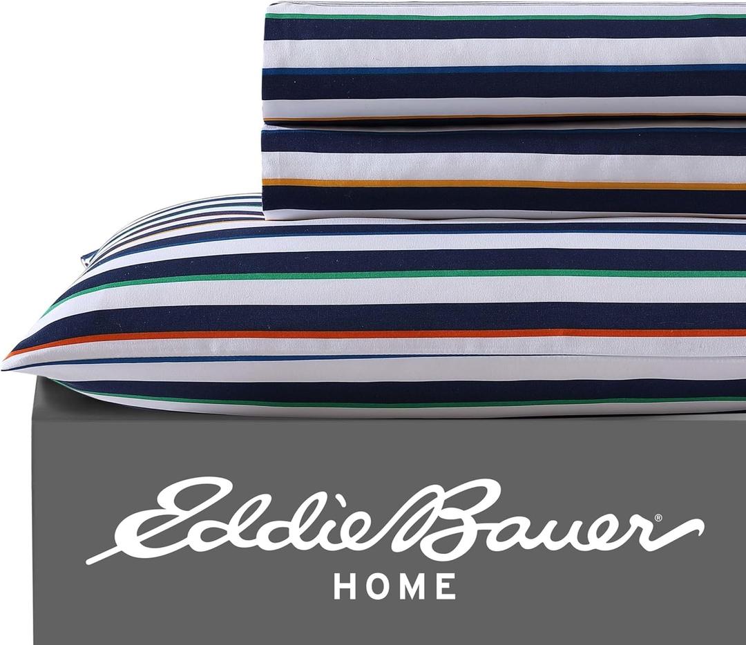 Eddie Bauer Kids - Twin XL Sheets, Stain-Resistant Toddler Bedding with Matching Sham(s), Super Soft, Ideal Boy Room Essentials (Stripes Game Blue, Twin XL)