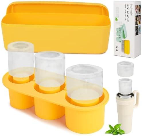 Ice Cube Tray Compatible with Stanley Cup,Silicone Ice Cube Molds with Lid & Bin,3 Hollow Cylinder Ice Mold for Chilling Cocktails, Coffee,Ice Drink, Juice, Whiskey (Yellow), Pack of 2