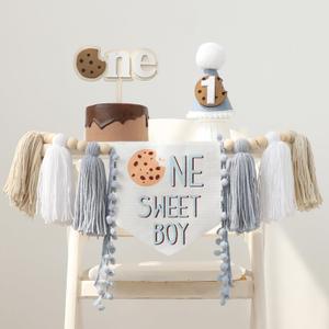 DCJHFJ Cookies One Sweet Boy High Chair Banner for Cookies Theme 1st Birthday Party Decorations with Birthday Hat (Blue Brown White)