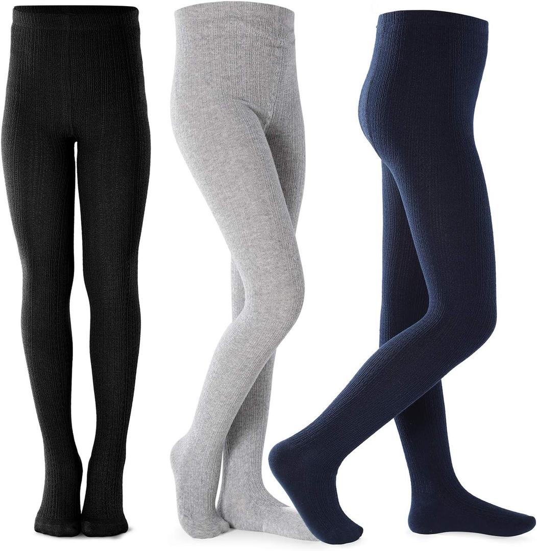 Girls Tights Toddler Cable Knit Cotton Footed Seamless Dance Ballet Baby Girls' Leggings 3 Pack, Size 11-12 Years
