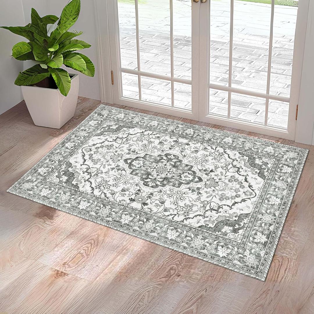 Washable Entryway Rug 3x5 | Non Slip Rug Runners for Hallways, Entryways, Kitchens, Bathrooms, Bedrooms | Ultra-Soft Flannel Carpet Kitchen Rug with Rubber Backing (Beige, 3x5)