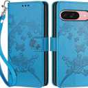 Wallet Case for Google Pixel 9/9 Pro, Blue Flower | Women Flip Folio Cover, Embossed PU Leather, Stand, Credit Card Holders Slots, Wrist Strap