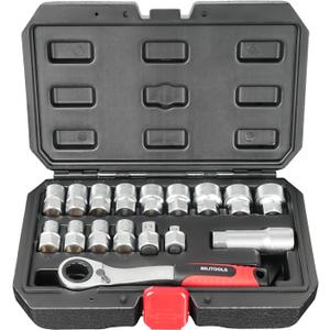 BILITOOLS 17-Piece Pass Through Socket Set, 3/8" & 1/2" Dr. Universal Pass Thru Go Through Ratchet Socket Wrench Mechanics Tool Set for Hex, Square, E-Torx, Spline Fasteners