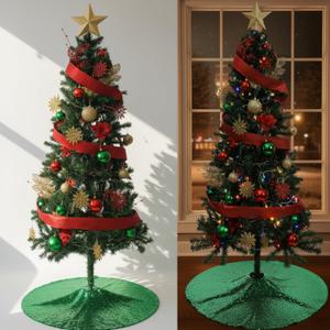 60 Pcs 6ft Half Christmas Tree with Ornaments and 150 LED Lights Artificial Half-Shape Christmas Tree with Poinsettia Berry Picks Topper Star Balls for Xmas Holiday Decoration(Dark Green)