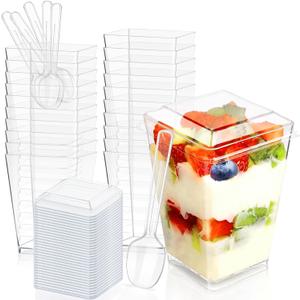 5oz Plastic Dessert Cups with Lids and Spoons, Clear Yogurt Parfait Cups with Lids, Mini Dessert Cups with Spoons, Small Square Appetizer Cups for Fruit Party Pudding Shooter - 20 Pack