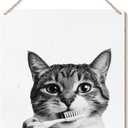 Funny Cat Bathroom Signs, Funny Kitty Brush Teeth Wooden Plaque Signs Wall Hanging for Bathroom Washroom Restroom Porch Door Decorations, Cat Wall Decor, 8x10 Inch