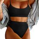Lilosy High Waisted Tummy Control Ribbed Bikini Crop Top Brazilian Swimsuit Set 2 Piece (X-Large, Striped Black)