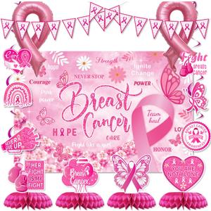 Breast Cancer Awareness Party Decorations,Include Banner,Hanging Swirls,Background and Honeycomb Centerpieces for Breast Cancer Public Charity Activity Party Decorations Supplise.