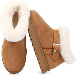 Goldnut Winter Mini Boots for Women: Faux Fur Lining Ankle Snow Booties With Fluffy Trim and Buckle Decor Warm Slip On Comfort Shoes 5.5