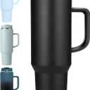 50 oz Tumbler with Handle, Insulated Tumblers with Lid and Straw, Large Metal Sports Water Bottle Jug, Thermal Stainless Steel Travel Coffee Mug Cup, Black