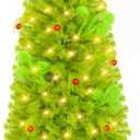 NEWISH Christmas Tree with Lights, 6ft Bendable Lime Green Artificial Christmas Tree Decorations with Stand, Red Ball, Green Tree Skirt, Ornaments, 25 Pcs DIY Xmas Tree for Home Party Decor