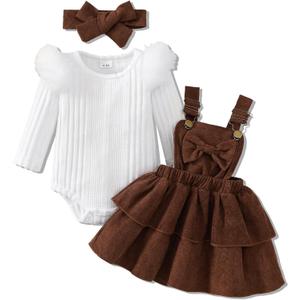Baby Girl Spring Skirt Set Newborn Overall Dress Long Sleeve Ribbed Romper Suspender Skirts 3Pcs Outfits (12-18 Months, Brown)