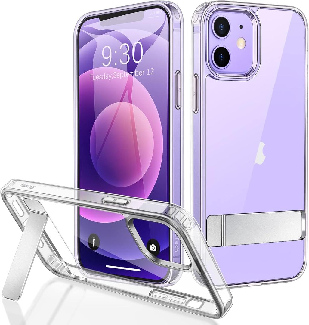 JETech Case for iPhone 12/12 Pro 6.1-Inch with Stand, Support Wireless Charging, Slim Shockproof Bumper Phone Cover, 3-Way Metal Kickstand (Clear)