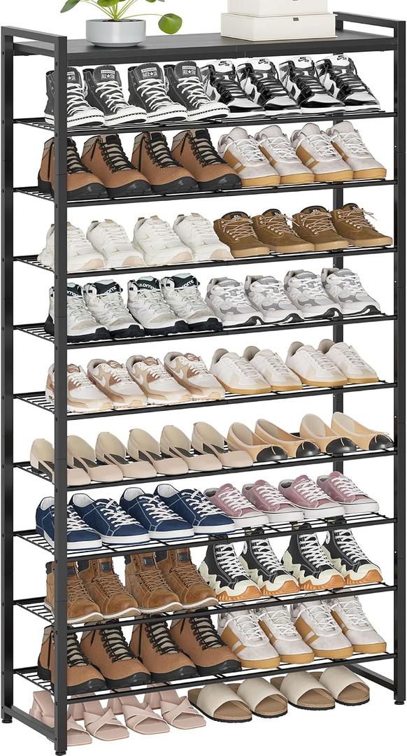 10 Tier Shoe Rack Organizer for 40-50 Pairs, Tall Metal Shoe Storage Shelf with Wood Top, Adjustable Boot Space, Narrow Design for Entryway Closet,Black