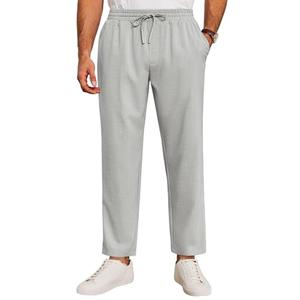 Runcati Mens Casual Pants Drawstring Elastic Waist Lightweight Cropped Linen Pants Summer Yoga Beach Trousers Grey, L